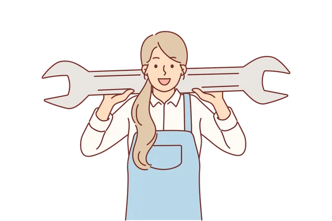 Woman Mechanic Holds Giant Wrench Behind Back Providing Services To Repair Car After Engine Breakdown Girl Works As Mechanic Or Locksmith Thanks To Skills In Replacing And Repairing Car Parts Illustration