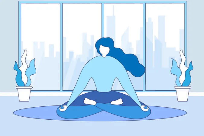 Woman Meditate Sitting Living Room Floor  Illustration