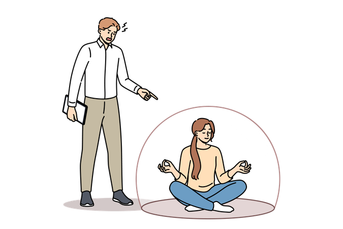 Woman meditates and does not pay attention to screaming boss sits in lotus position in cocoon  Illustration