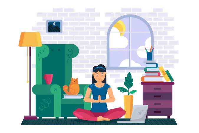 Woman meditating at home Illustration
