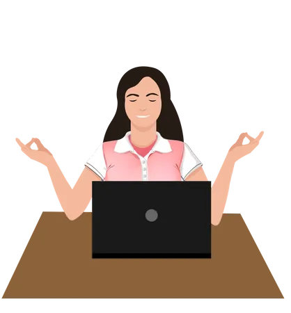 Woman meditating in front of laptop in office with her eyes closed  Illustration