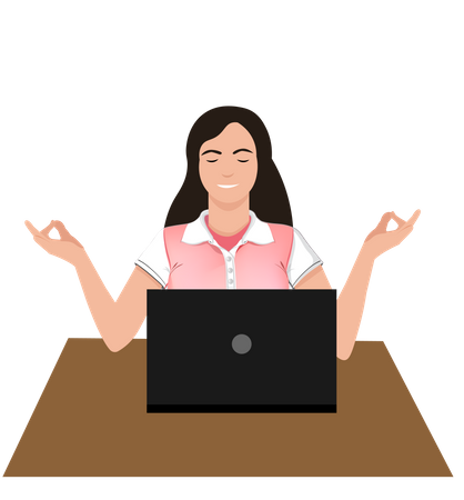 Woman meditating in front of laptop in office with her eyes closed  Illustration