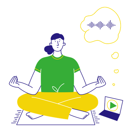 Woman meditating to podcast  Illustration