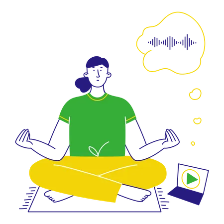 Woman meditating to podcast  Illustration