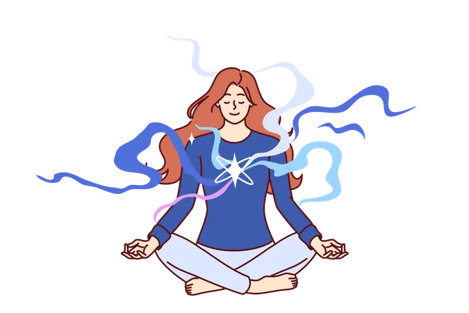 Woman meditating with closed eyes sitting cross-legged on floor and doing yoga lotus pose  Illustration