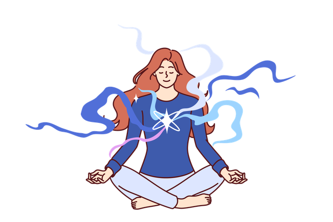 Woman meditating with closed eyes sitting cross-legged on floor and doing yoga lotus pose  Illustration