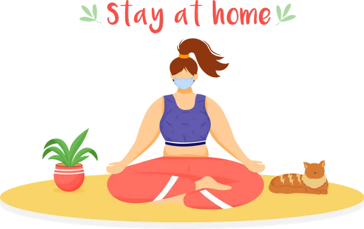Stay At Home Flat Color Vector Faceless Character Quarantine Selfcare Woman Meditating With Medical Mask Self Isolation Isolated Cartoon Illustration For Web Graphic Design And Animation Illustration