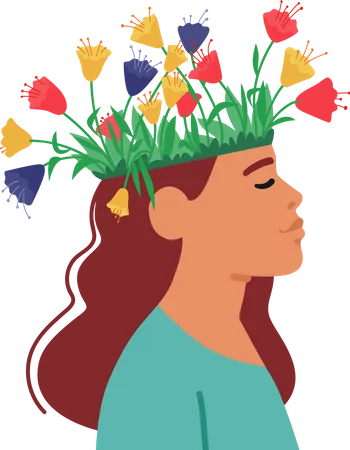 Women Mental Health Concept With Calm Female Character With Closed Eyes And Colorful Flowers Growing In Head Psychological Support Healthy Mind Positive Thinking Theme Cartoon Vector Illustration Illustration