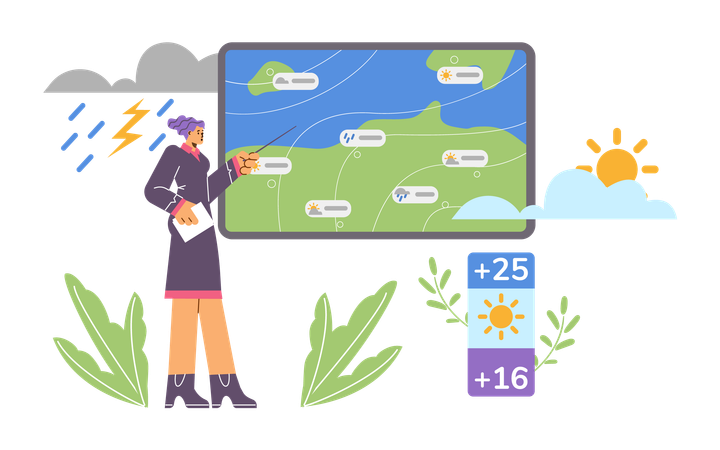 Woman meteorologist pointing on screen map  Illustration