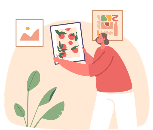 Woman Meticulously Hangs Picture On Wall  イラスト