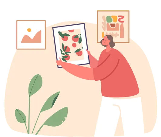 Woman Meticulously Hangs Picture On Wall  イラスト
