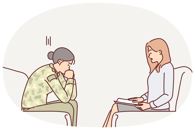 Woman military soldier with psychologist helping to get rid psychological problems received in army  Illustration