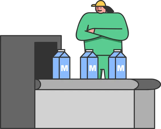 Concept Of Dairy Production Woman Milk Factory Worker In Uniform Controls Quality Of Production Packaging On Conveyor Belt On Milk Plant Or Factory Cartoon Linear Outline Flat Vector Illustration Illustration