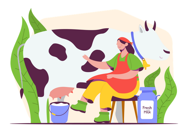 Woman Milking cow Illustration