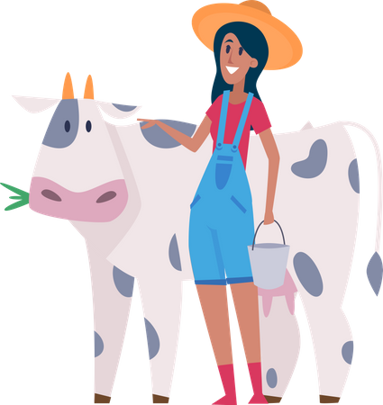 Woman milking cow Illustration