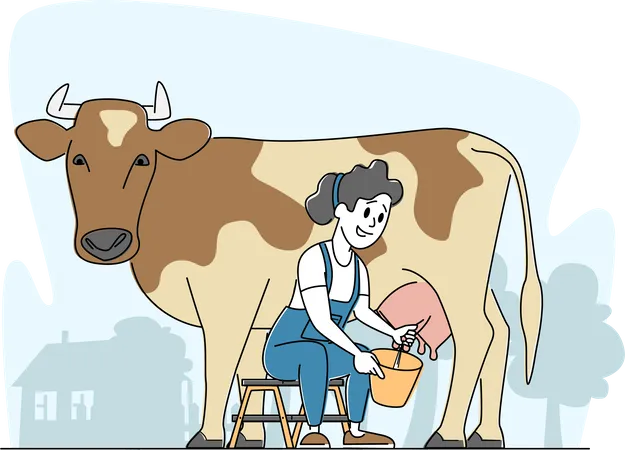 Woman milking cow with bare hands  イラスト