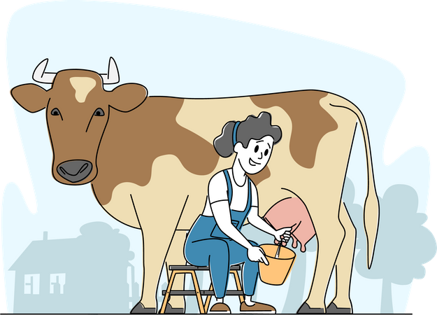 Woman milking cow with bare hands  Illustration