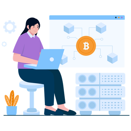 Woman Mining Bitcoin on laptop  Illustration