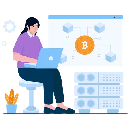 Woman Mining Bitcoin on laptop  Illustration