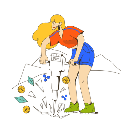 Woman mining cryptocurrencies and digital assets  Illustration