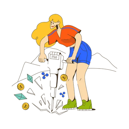 Woman mining cryptocurrencies and digital assets  Illustration