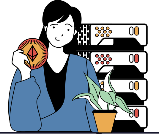イーサリアムを採掘する女性  イラスト