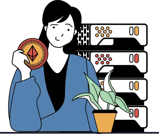 イーサリアムを採掘する女性  イラスト