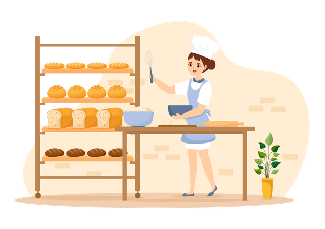 Woman mixing dough in bowl at bread mill  Illustration