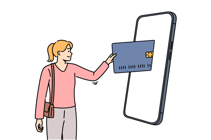 Woman mobile banking user inserts credit card into large phone to make purchase in online store  Illustration