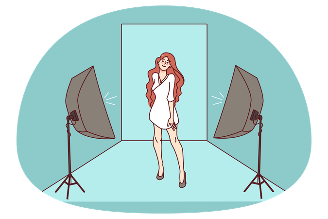 Woman model posing in dress in studio  Illustration