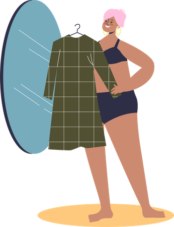 Woman model trying dress in front of mirror Illustration