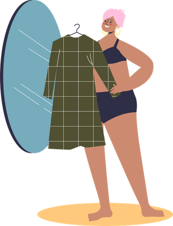 Woman model trying dress in front of mirror  Illustration