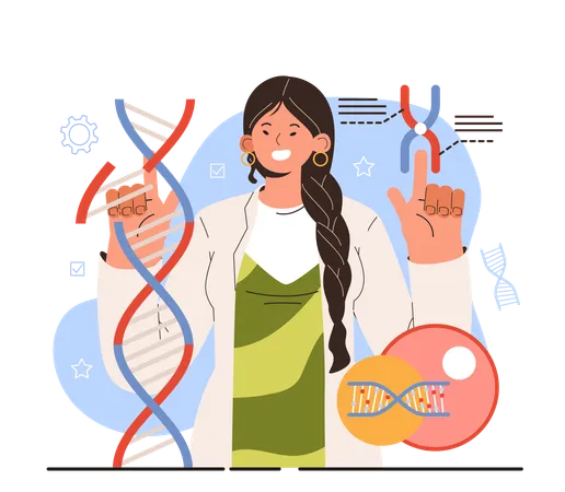 Diverse Women In Science Concept Female Character Works With DNA Molecule Structure Genetic Test Analysis And Genetic Disease Prevention Flat Vector Illustration Illustration
