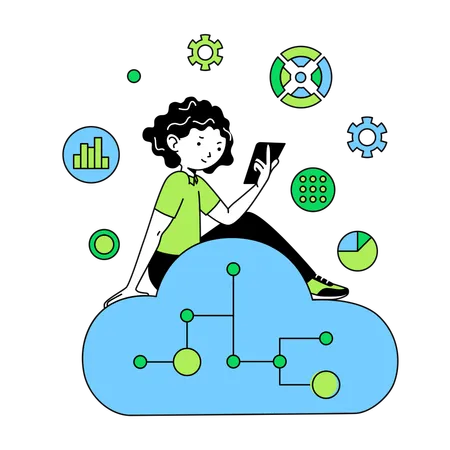 Woman monitoring data in cloud  イラスト
