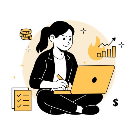 ノートパソコンで株価チャートをチェックする女性  イラスト