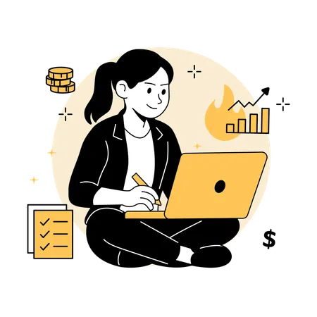 ノートパソコンで株価チャートをチェックする女性  イラスト