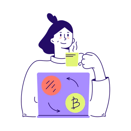 Woman monitors cryptocurrency at her laptop  Illustration