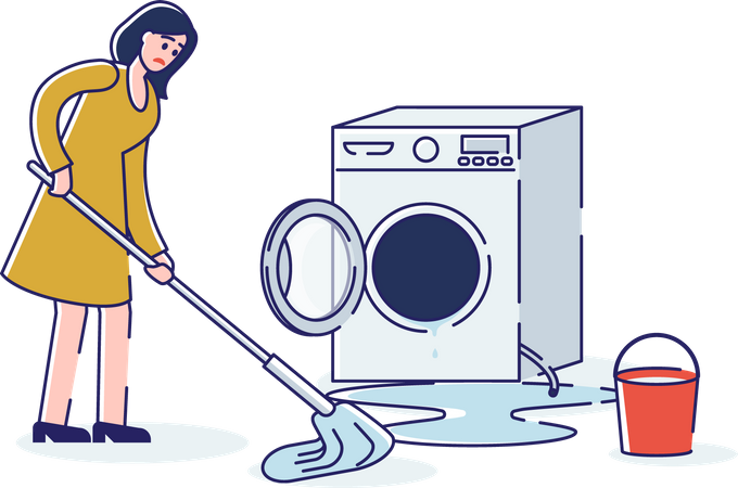 Woman mopping water on the floor due to washing machine breakage  Illustration