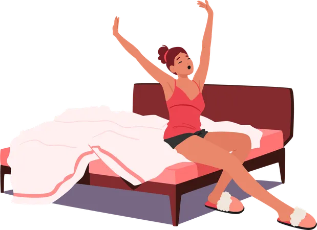 Woman Character Awakens Gracefully Extending Her Arms And Legs In A Morning Stretch On Her Bed Embracing The Dawn With A Serene And Rejuvenating Start To The Day Cartoon People Vector Illustration 일러스트레이션