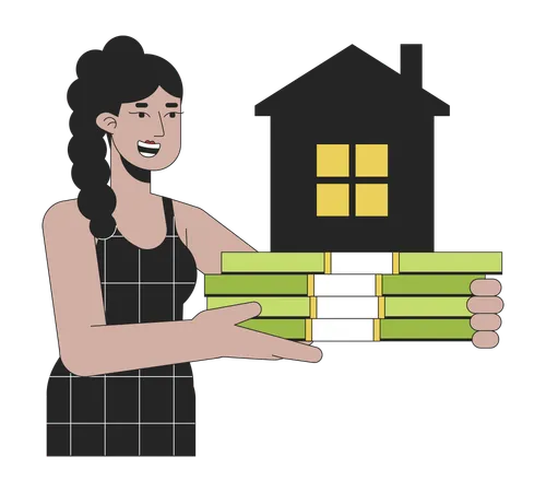 Mortgage For Real Estate Flat Line Concept Vector Spot Illustration Woman Holding Cash For Buying House 2 D Cartoon Outline Character On White For Web UI Design Editable Isolated Color Hero Image Illustration