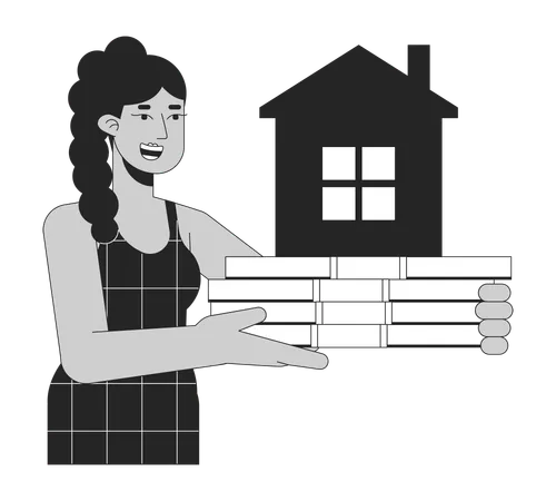 Mortgage For Real Estate Bw Concept Vector Spot Illustration Woman Holding Cash For Buying House 2 D Cartoon Flat Line Monochromatic On White For Web UI Design Editable Isolated Color Hero Image Illustration