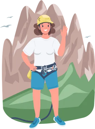 Woman Mountaineer Flat Color Vector Detailed Character Climbing And Trekking Strong Lady Cheerful Female Climber Isolated Cartoon Illustration For Web Graphic Design And Animation Illustration