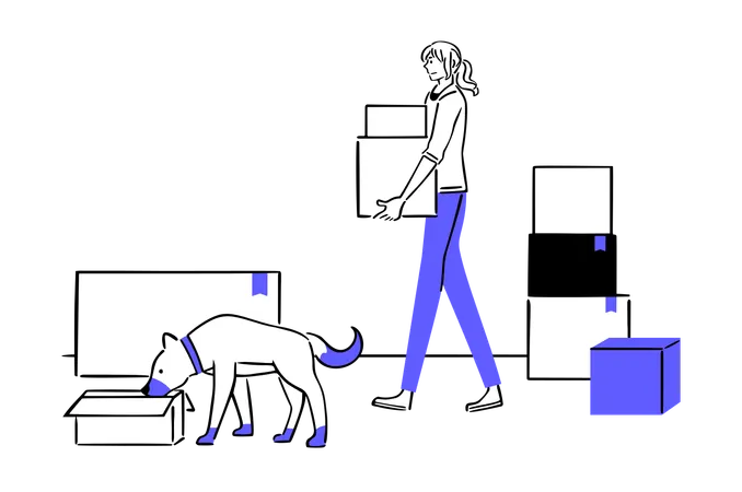 Woman Moving boxes with dog nearby  Illustration