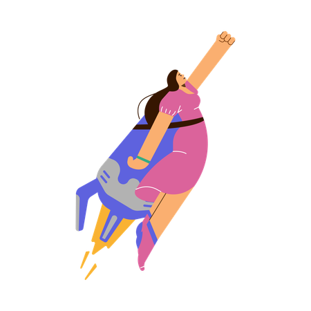 Woman moving forward towards target on rocket ship  Illustration