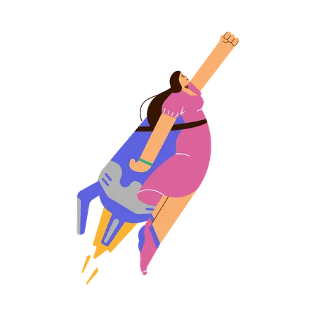 Woman moving forward towards target on rocket ship  Illustration