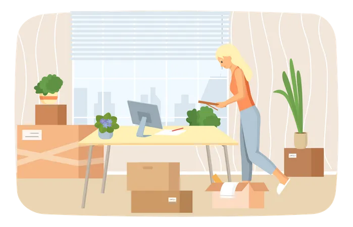 Woman Moving To New House Or Office With Things In Cardboard Boxes Removal Changing Place Of Residence Moving To New Apartment Relocation Lady Packs Things To Shipping Rental Of Premises Concept Illustration