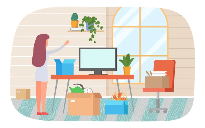 Woman Moving To New House Or Office Puts Her Things In Cardboard Boxes Removal Change Of Place Of Residence Moving To New Apartment Relocation Person Packs Things To Shipping Rental Of Premises Illustration