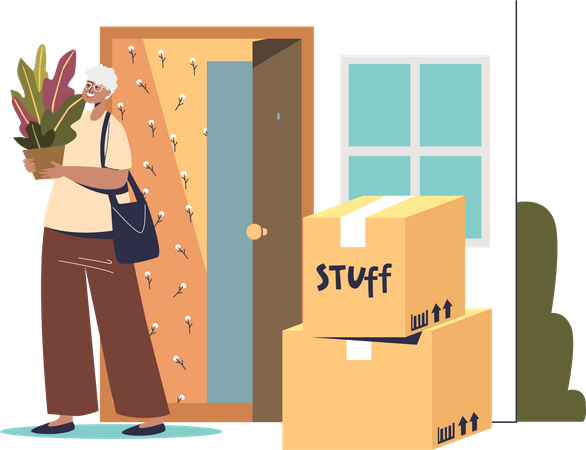 Woman moving to new house stand in corridor of home with cardboard boxes holding plant Illustration