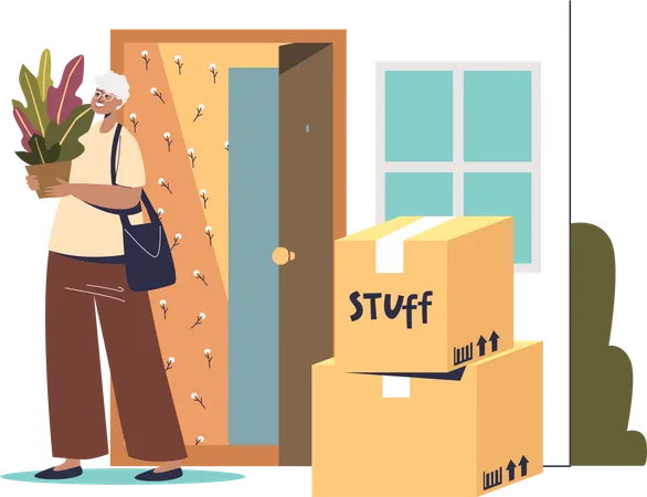 Woman moving to new house stand in corridor of home with cardboard boxes holding plant  Illustration