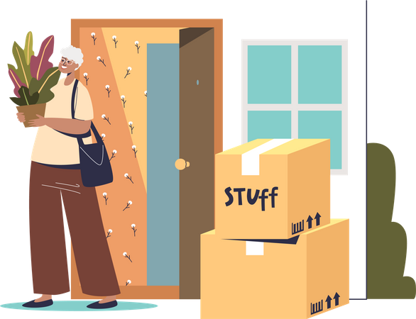 Woman moving to new house stand in corridor of home with cardboard boxes holding plant  Illustration